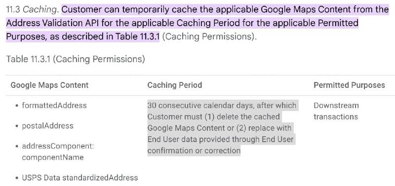 Google's restrictive policy for storing and caching address data screenshot