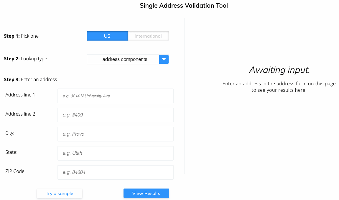 County lookup by address step 1 - Visit single address validation demo page