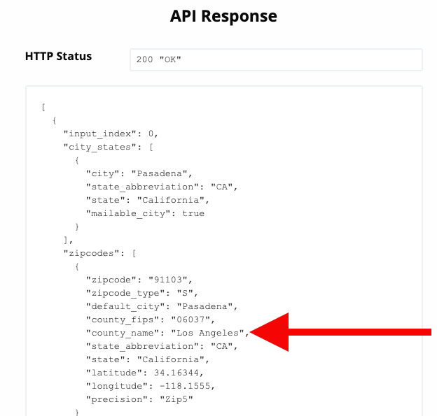 County ZIP Code API step 3 - In the 'API Response' county is listed as 'county_name'