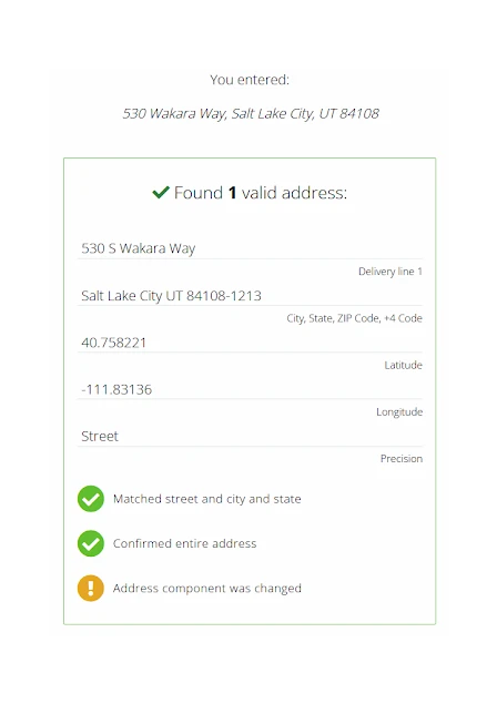 Valid Address found using Smarty's Single Address Verification Tool